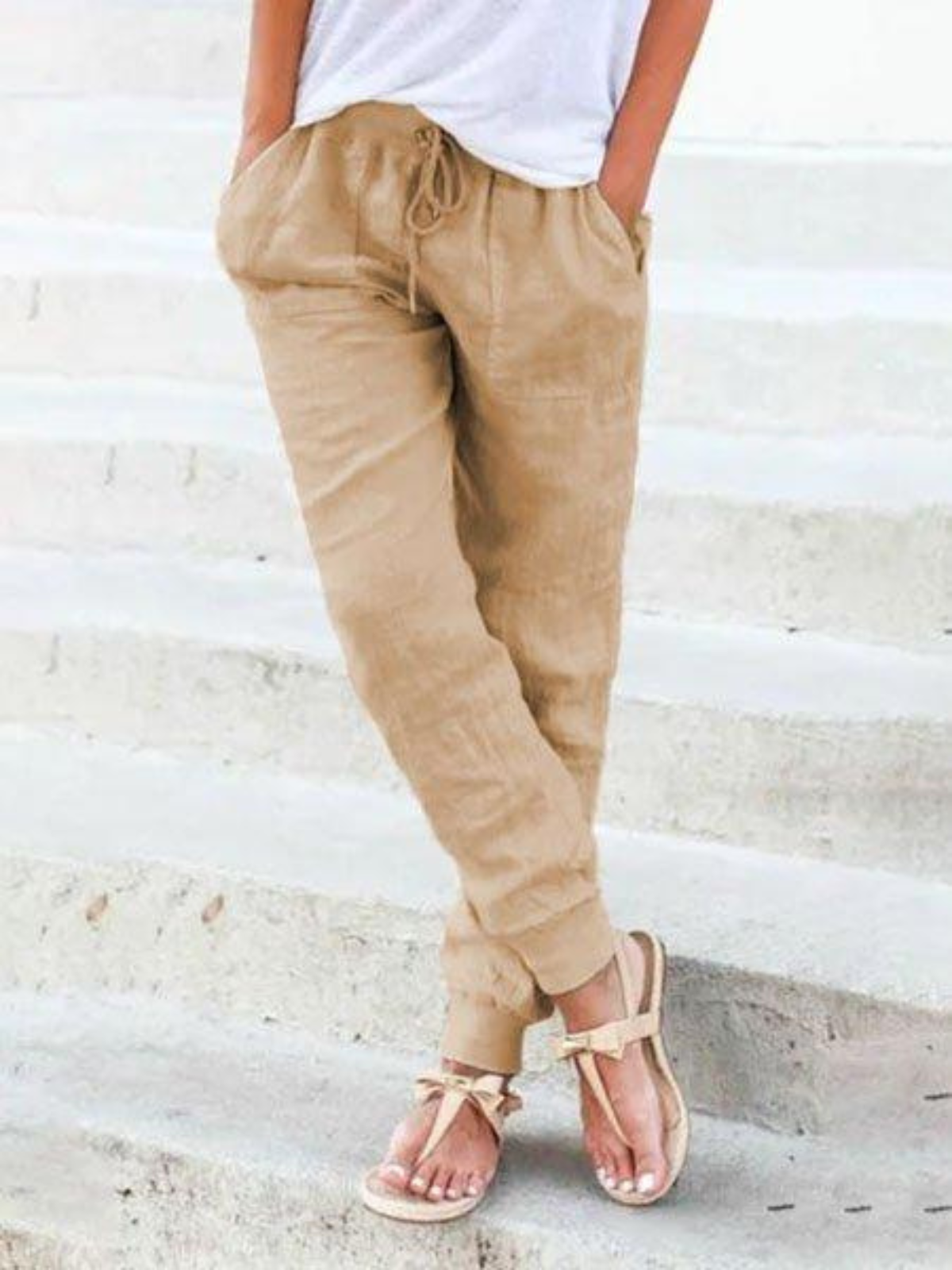 Pantalon Lin Femme Jambes Fuselées – Taille Élastique Lien à Nouer | Style Naturel pour l'Été