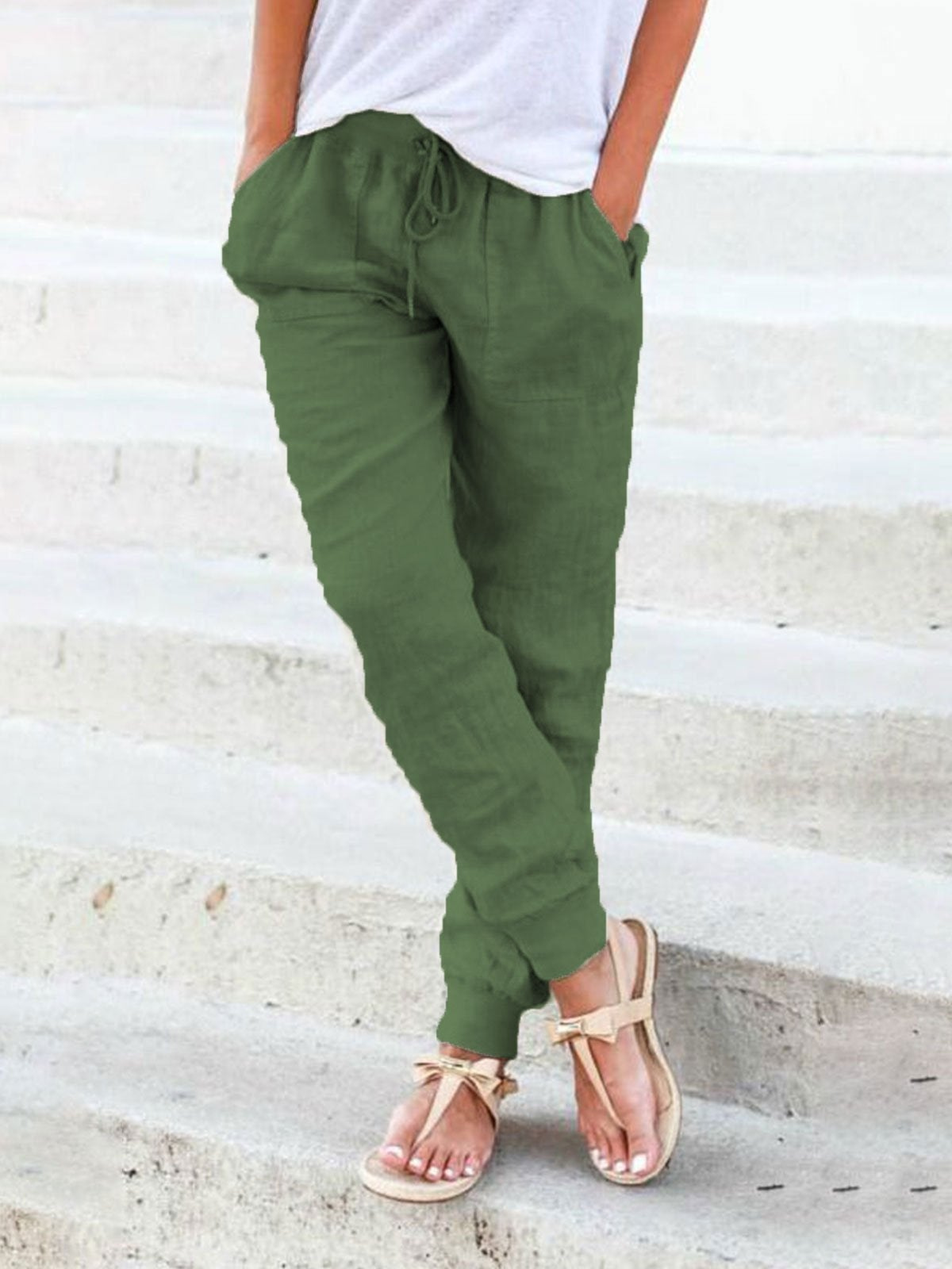 Pantalon Lin Femme Jambes Fuselées – Taille Élastique Lien à Nouer | Style Naturel pour l'Été