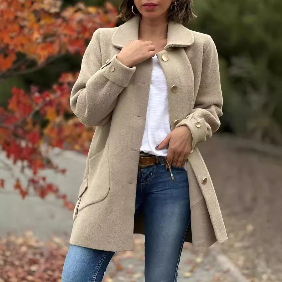 Manteau femme mi-long en laine mélangée - coupe droite avec boutons et col classique