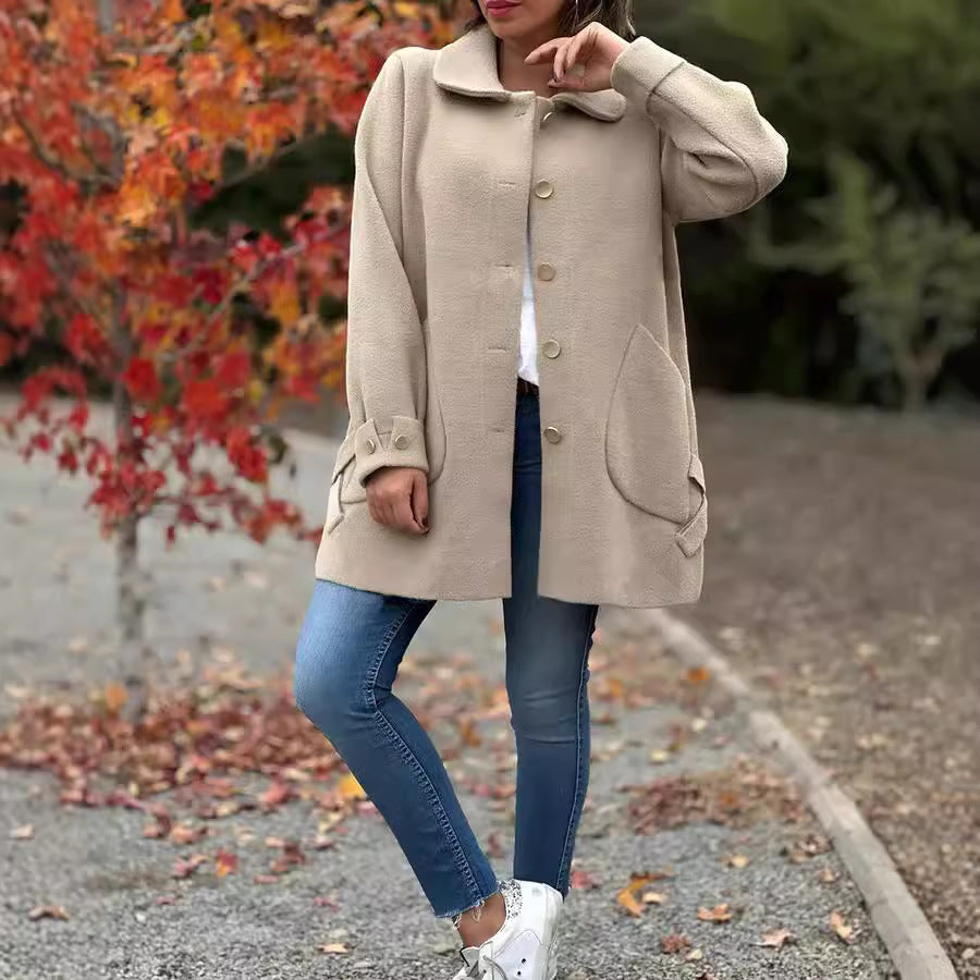 Manteau femme mi-long en laine mélangée - coupe droite avec boutons et col classique