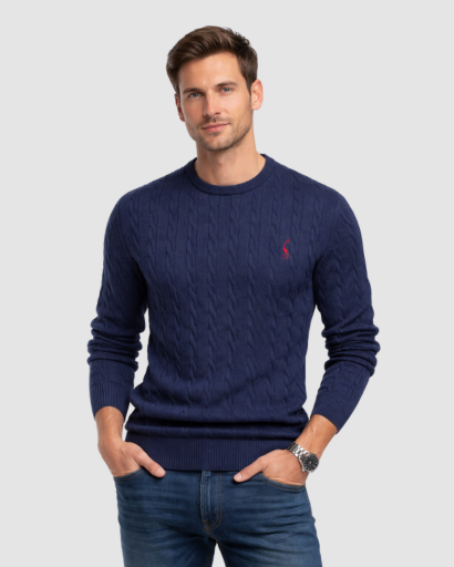 Pull Homme Maille Torsadée – Col Rond Style Polo Chaud | Élégance Casual Automne Hiver