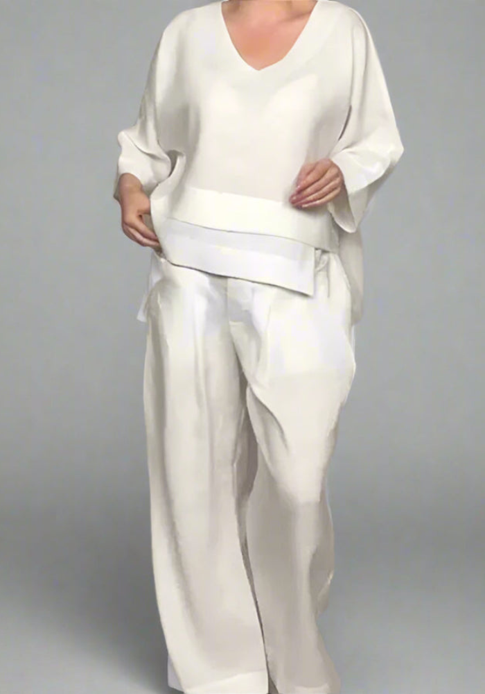 Ensemble deux pièces femme en lin mélangé – top ample à col en V et pantalon large