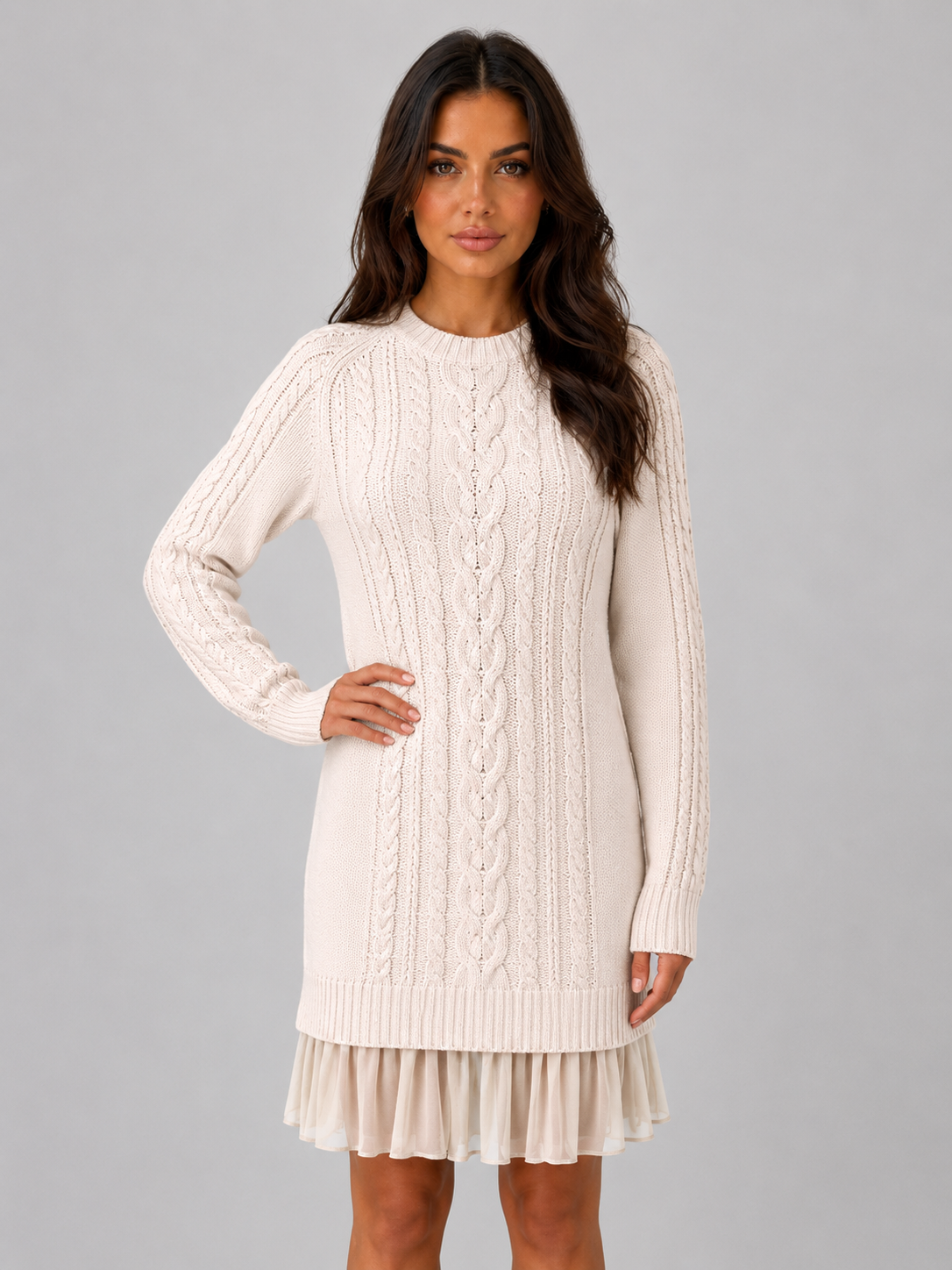 Robe Pull Femme Cable Knit – Col Rond Manches Longues Torsades | Chic & Chaleureux Hiver