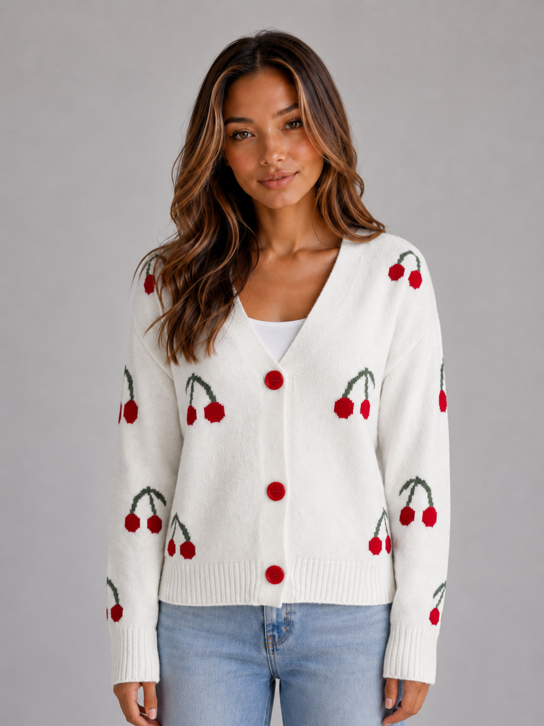 Cardigan Femme Imprimé Cerises – Manches Longues Boutonné Maille Douce | Style Rétro Chic