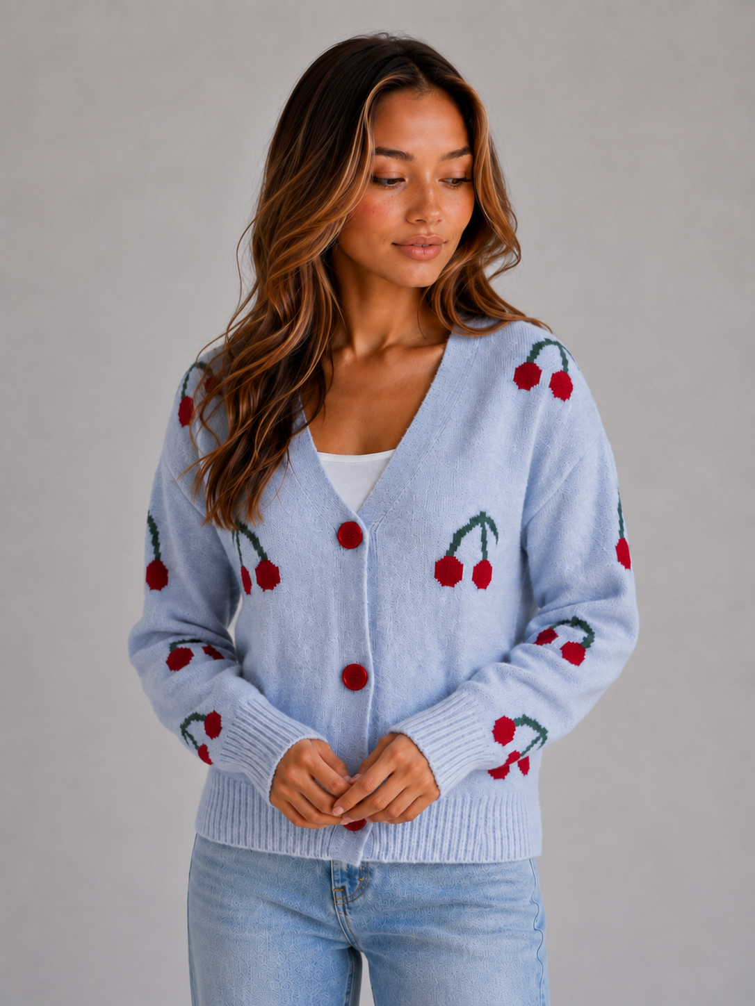 Cardigan Femme Imprimé Cerises – Manches Longues Boutonné Maille Douce | Style Rétro Chic