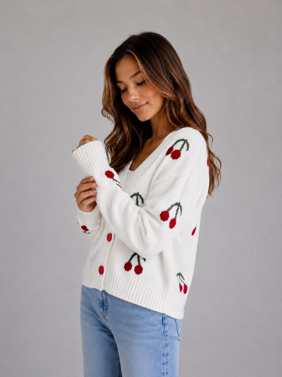 Cardigan Femme Imprimé Cerises – Manches Longues Boutonné Maille Douce | Style Rétro Chic