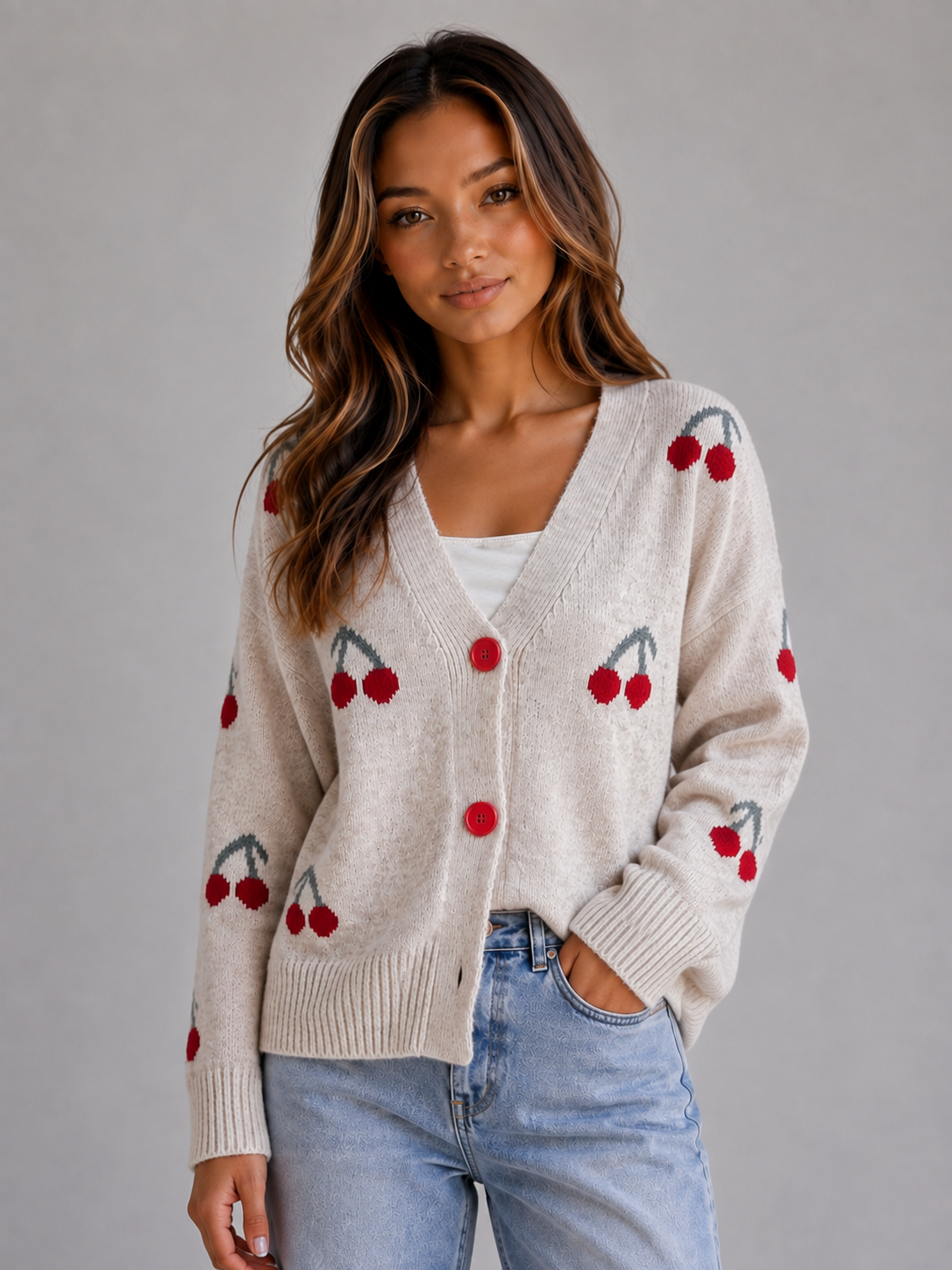 Cardigan Femme Imprimé Cerises – Manches Longues Boutonné Maille Douce | Style Rétro Chic