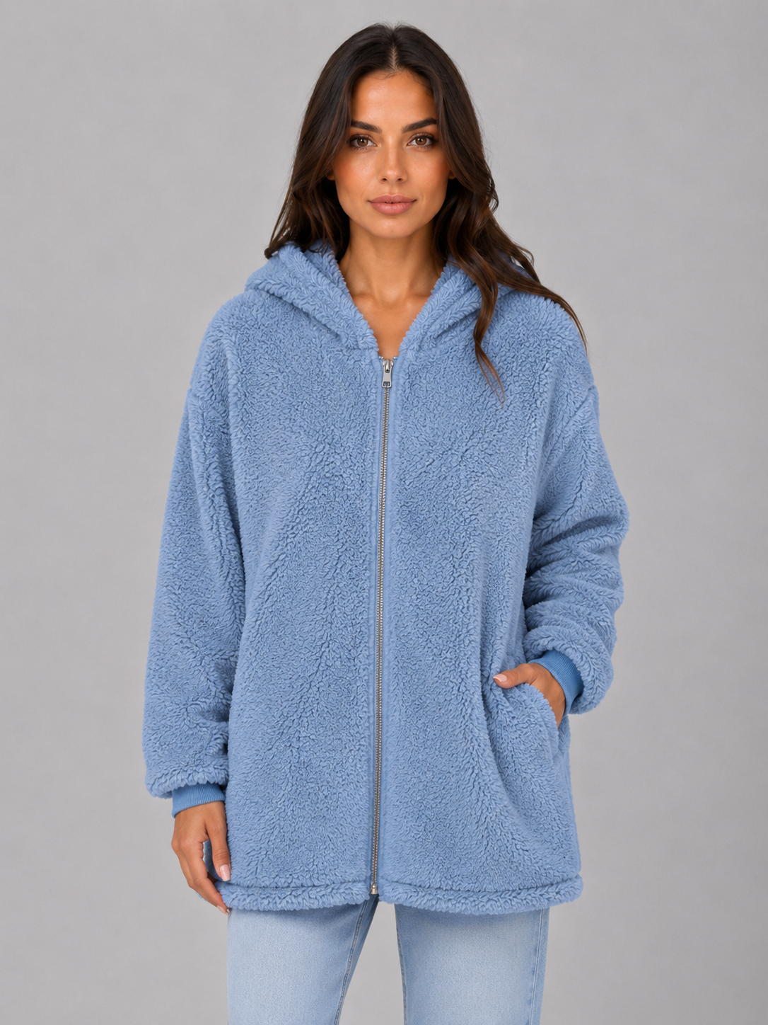 Cardigan Long Femme Teddy Fleece Capuche – Coupe Oversize Douce | Cosy & Élégant Hiver