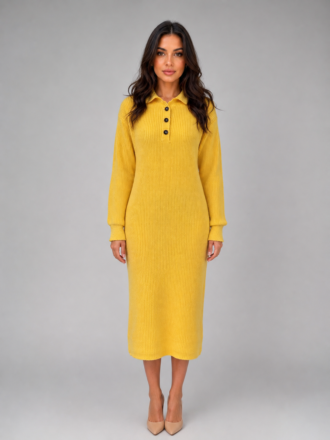 Robe Pull Col Polo Femme Maille Tricotée – Coupe Mi-Longue | Élégance Décontractée Hiver