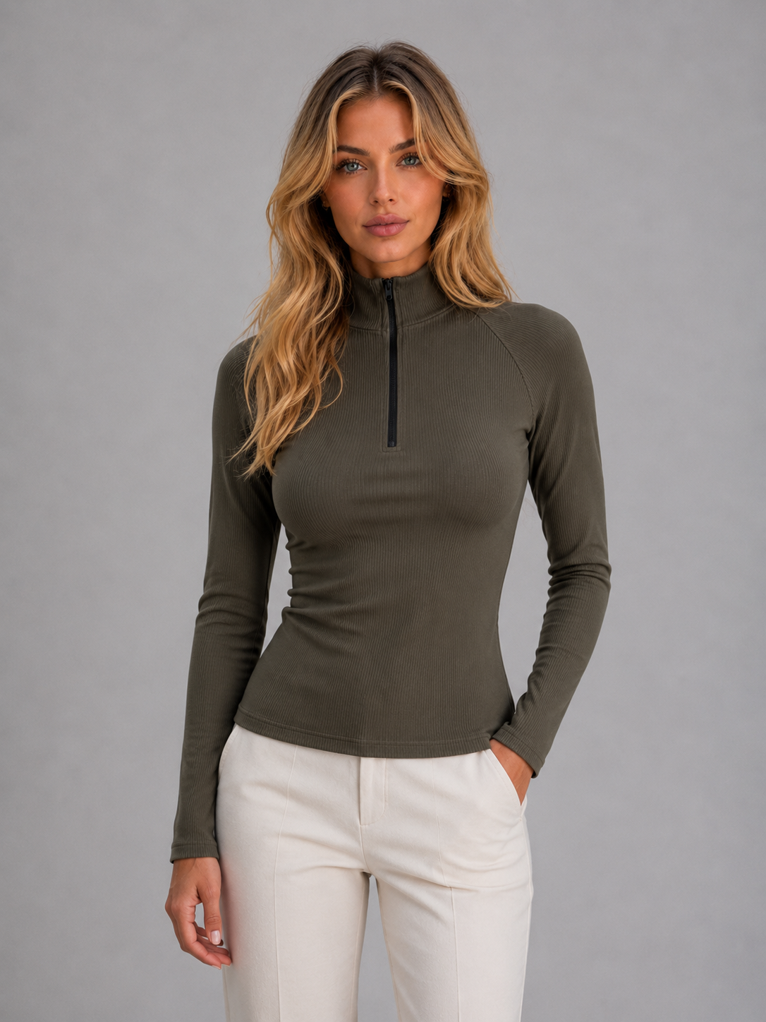 Top Femme Demi-Zip Côtelé – Manches Longues Col Montant | Style Casual Chic Automne