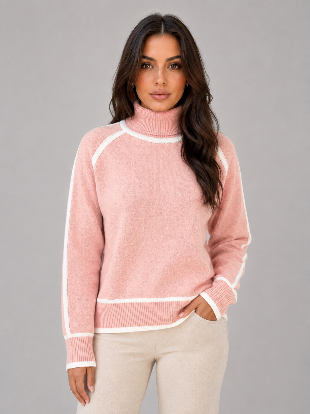 Pull Femme Col Roulé Lisérés Contrastés – Manches Longues Maille Douce | Élégance Hivernale