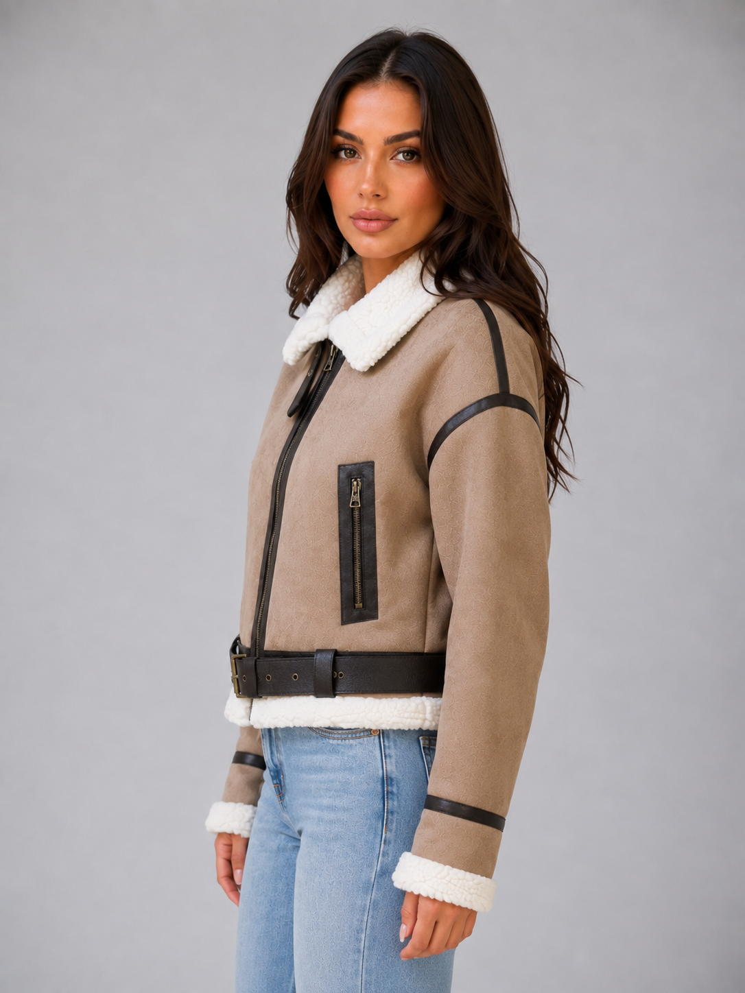 Veste Aviateur Femme Suédée – Col Fourrure Fermeture Zippée | Style Vintage Automne Hiver