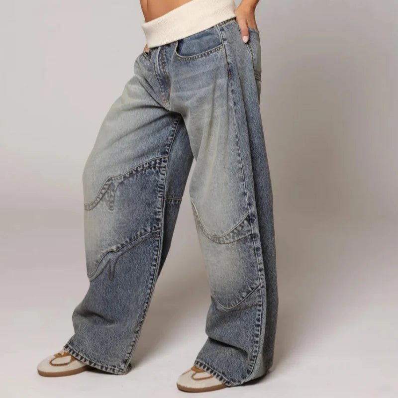 Jean Large Femme Patchwork Vintage Washed – Baggy Fit Tendance | Luna Jeans Femme