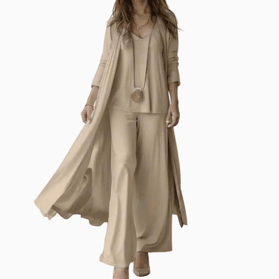 Ensemble femme trois pièces cardigan long top col en V pantalon large