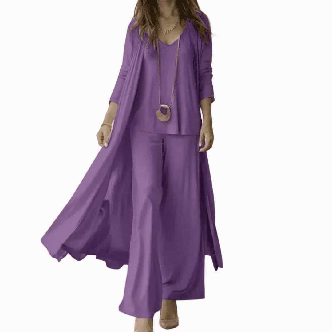 Ensemble Femme Trois Pièces – Cardigan Long, Top Col V & Pantalon Large | Style Raffiné