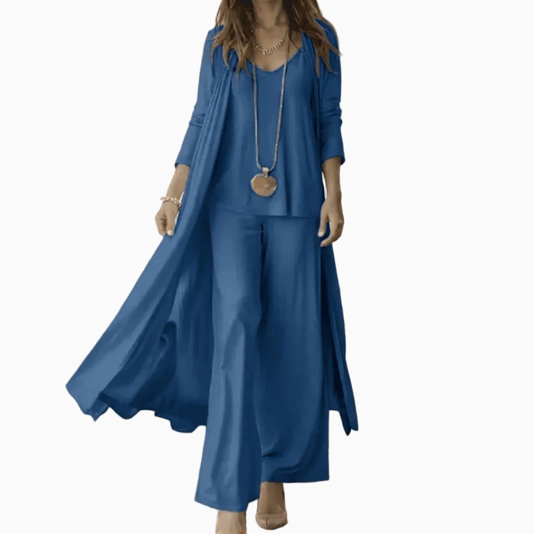 Ensemble Femme Trois Pièces – Cardigan Long, Top Col V & Pantalon Large | Style Raffiné