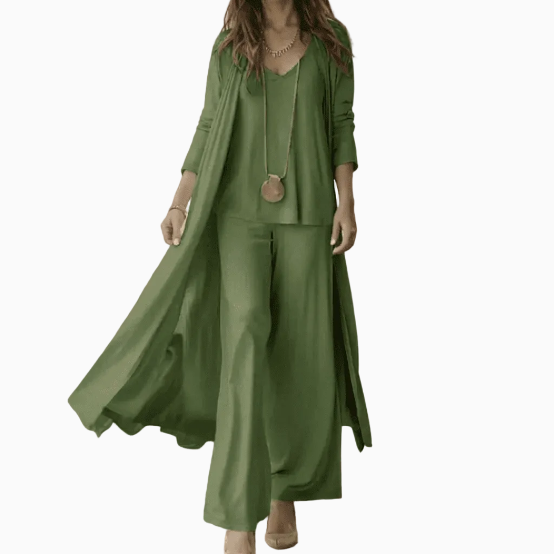 Ensemble Femme Trois Pièces – Cardigan Long, Top Col V & Pantalon Large | Style Raffiné