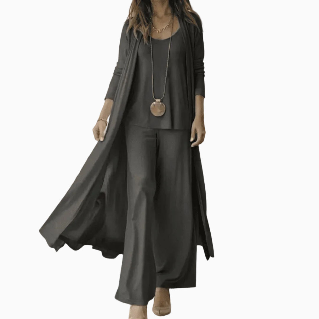 Ensemble Femme Trois Pièces – Cardigan Long, Top Col V & Pantalon Large | Style Raffiné
