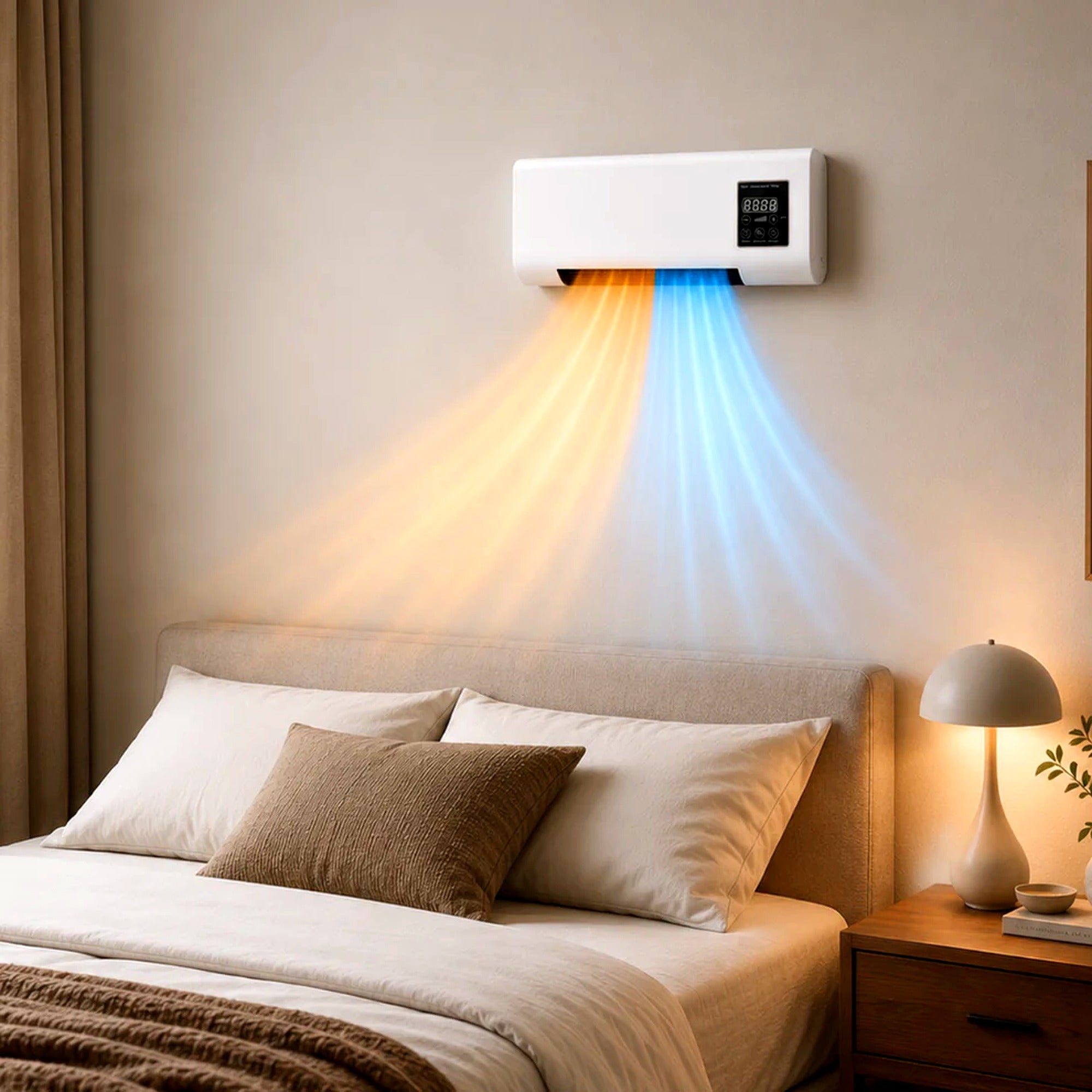 Ventilateur Mural Chauffant 2-en-1 – Air Frais & Air Chaud Minuterie LCD | Silencieux & Télécommande