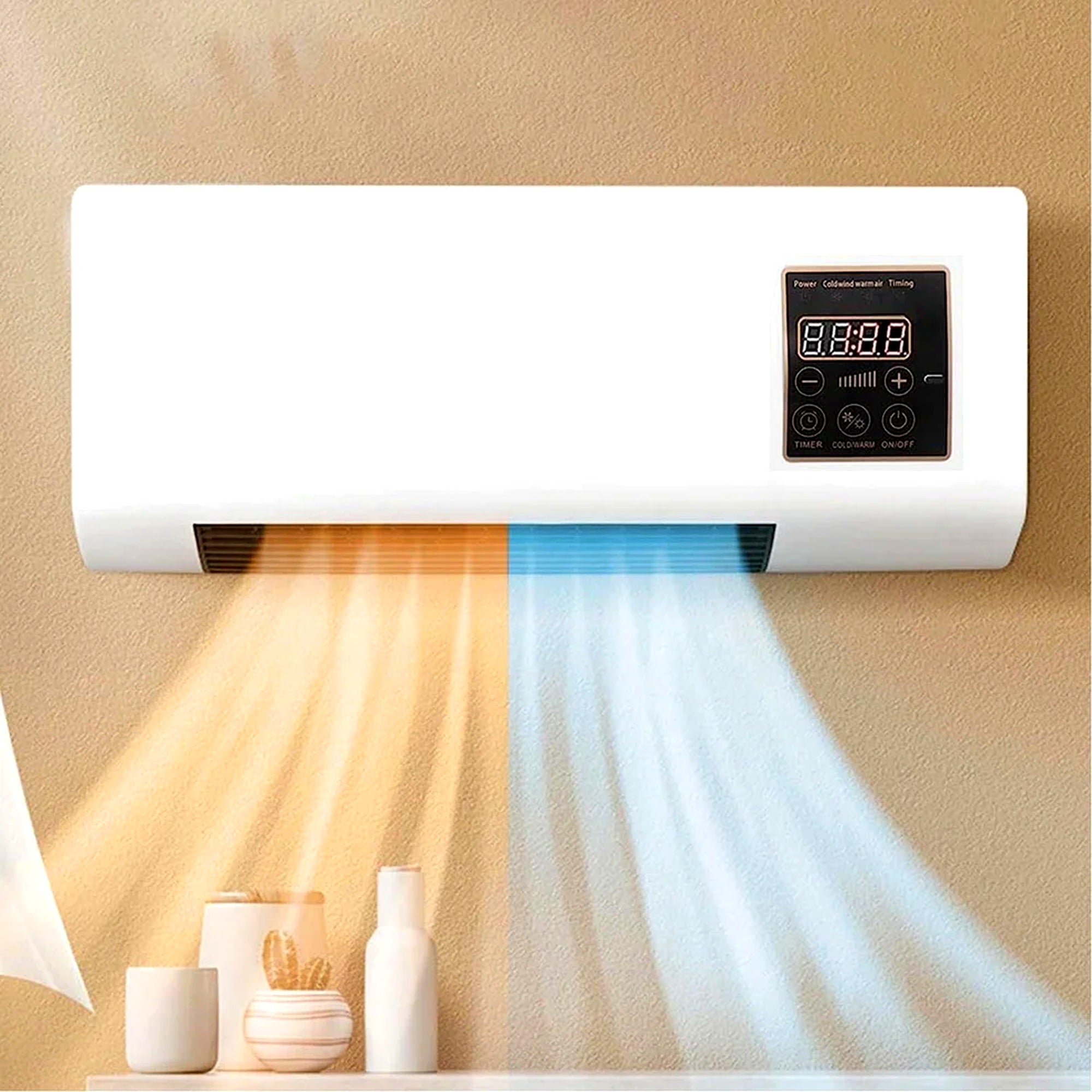 Ventilateur Mural Chauffant 2-en-1 – Air Frais & Air Chaud Minuterie LCD | Silencieux & Télécommande