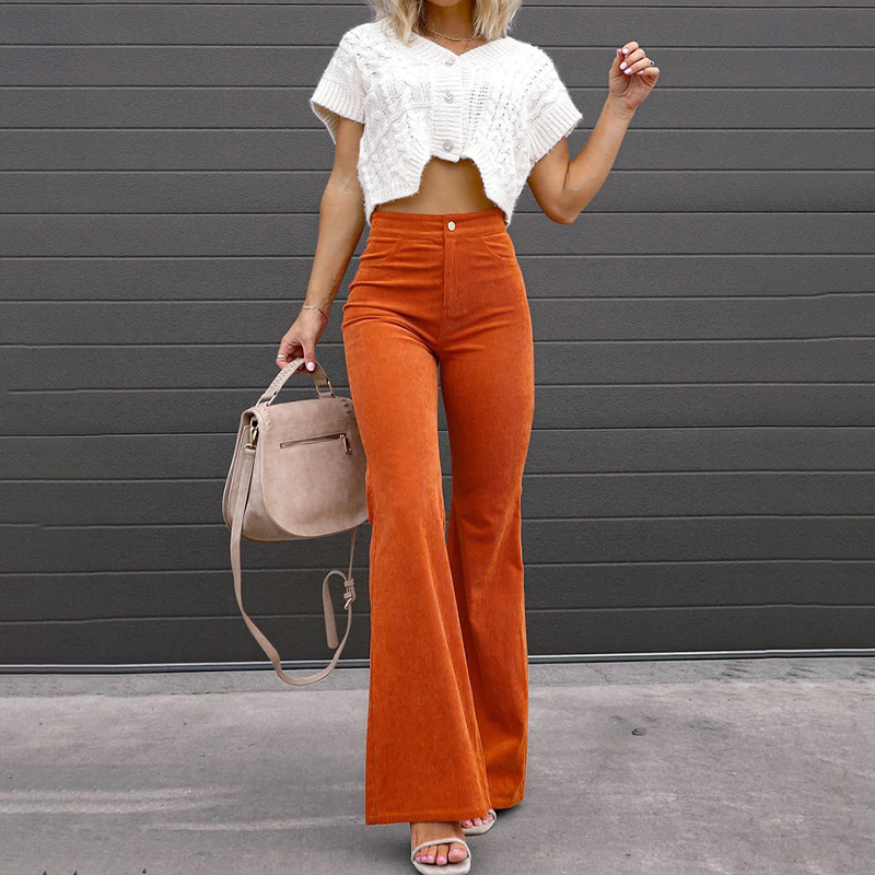 Pantalon Femme Évasé Taille Haute – Coupe Courbe Fermeture Boutonnée | Style Rétro & Chic