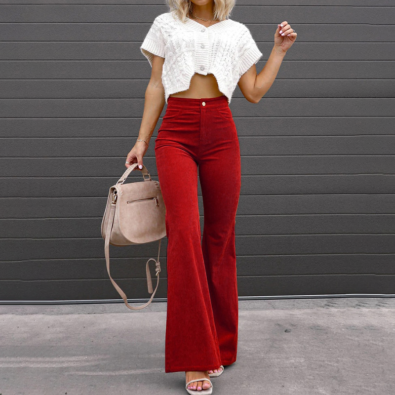 Pantalon Femme Évasé Taille Haute – Coupe Courbe Fermeture Boutonnée | Style Rétro & Chic