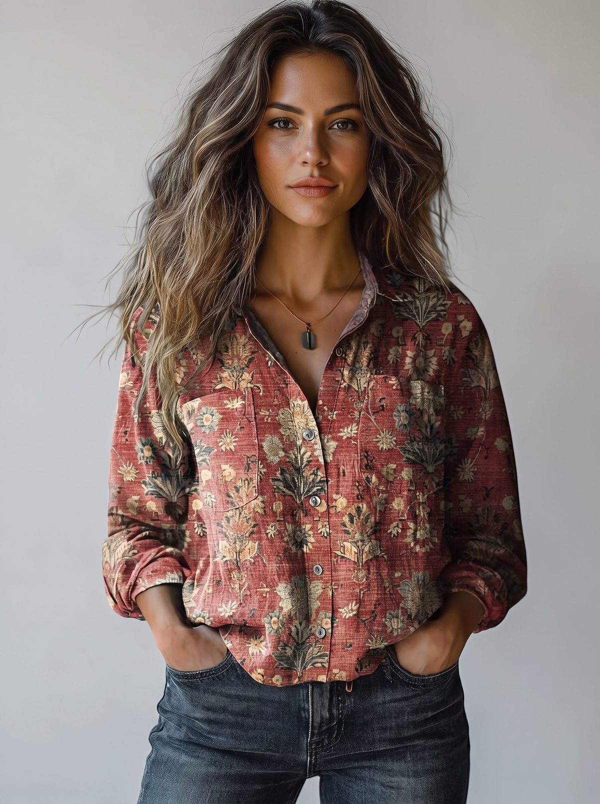 Blouse Florale Rouge-Gris Foncé