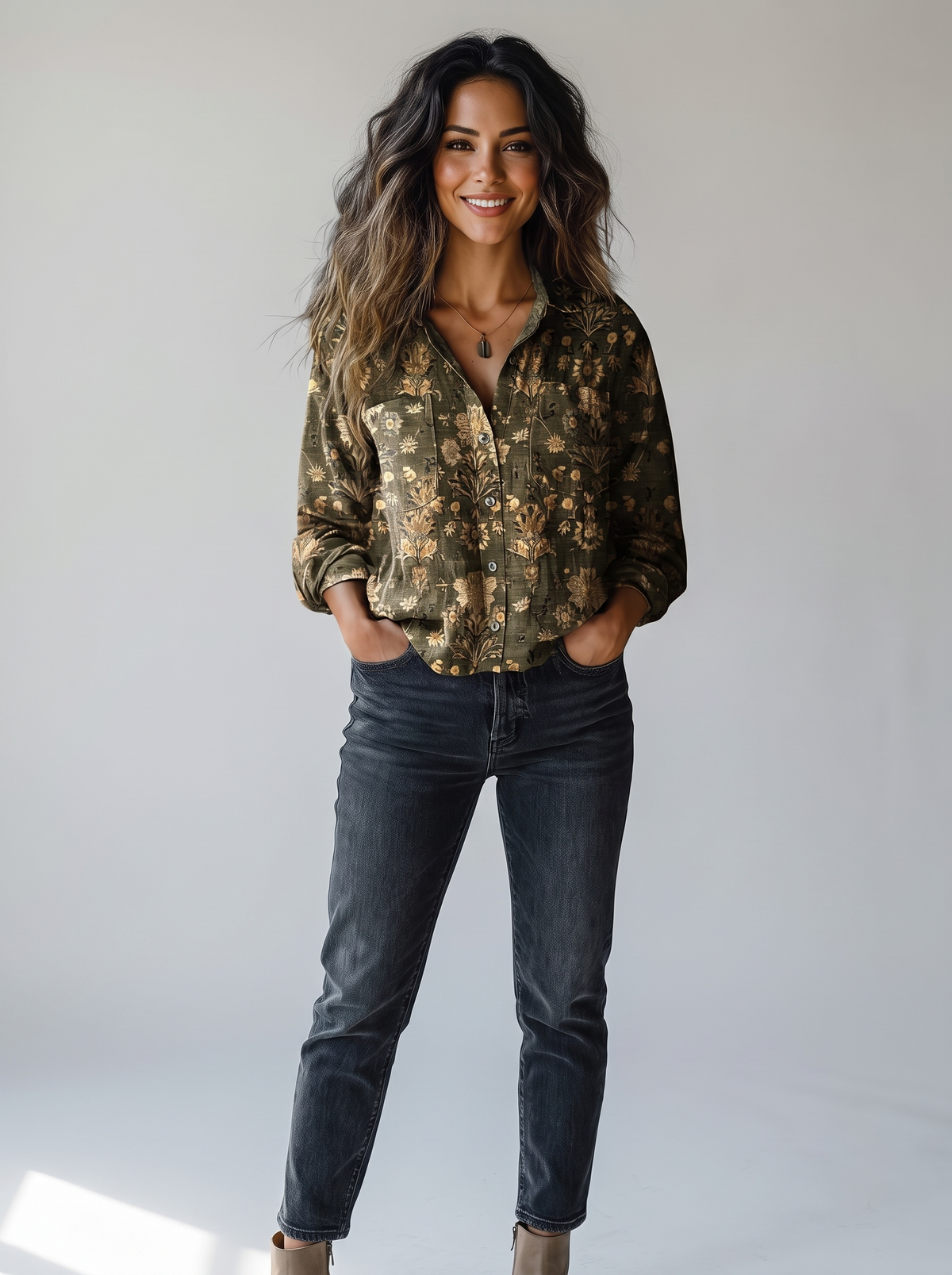 Blouse Florale Kaki Foncé