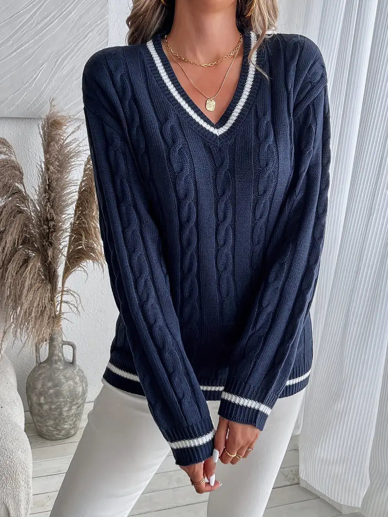 Pull Femme Col V Torsades – Rayures Contrastées Manches Longues | Chic & Douillet