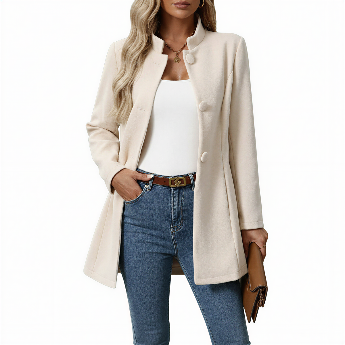 Manteau Femme Trapèze Boutonné – Col Officier Coupe Mi-Longue | Élégance Classique