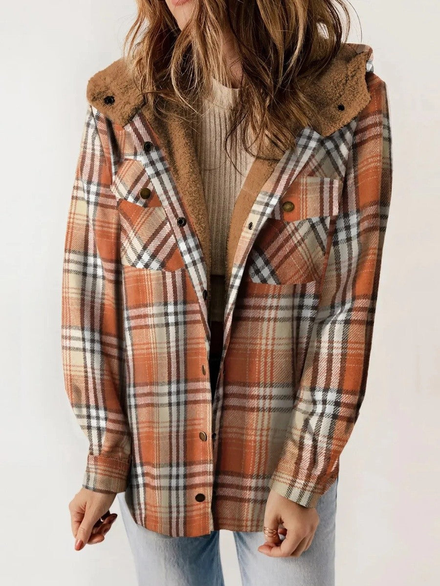 Veste Femme à Carreaux Capuche – Doublure Sherpa Fermeture Boutonnée | Style Cosy Automne Hiver