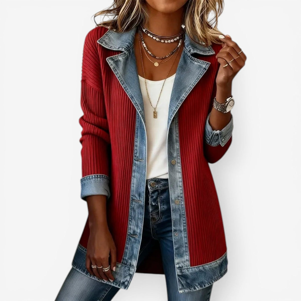 Veste Femme Hybride Denim & Maille – Col Cranté Fermeture Boutonnée | Style Casual Chic