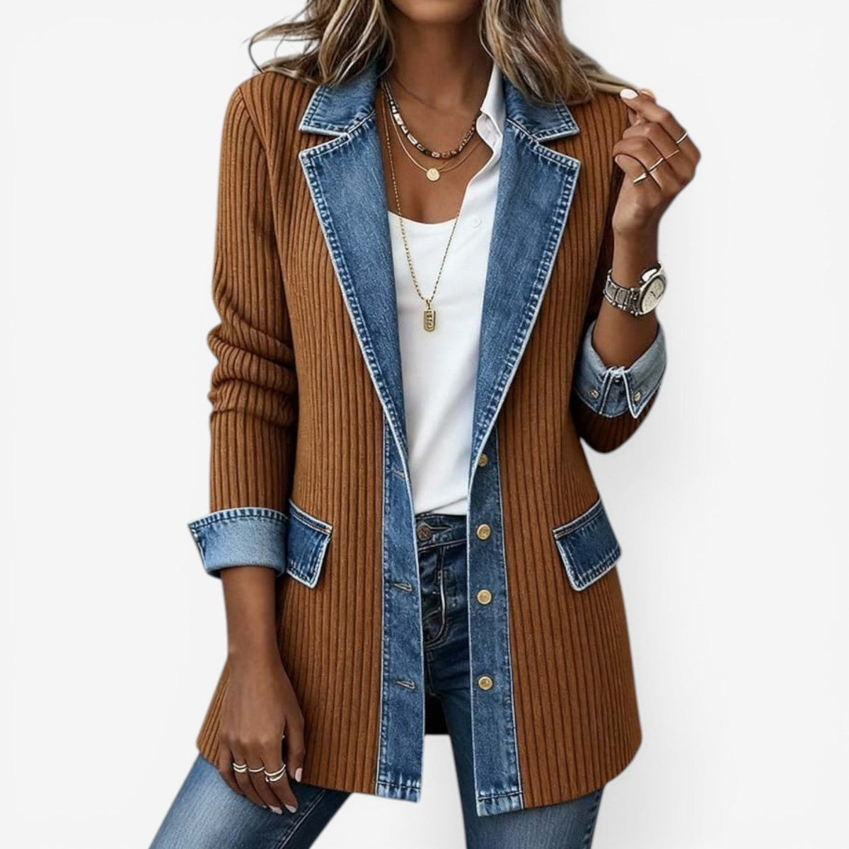 Veste Femme Hybride Denim & Maille – Col Cranté Fermeture Boutonnée | Style Casual Chic
