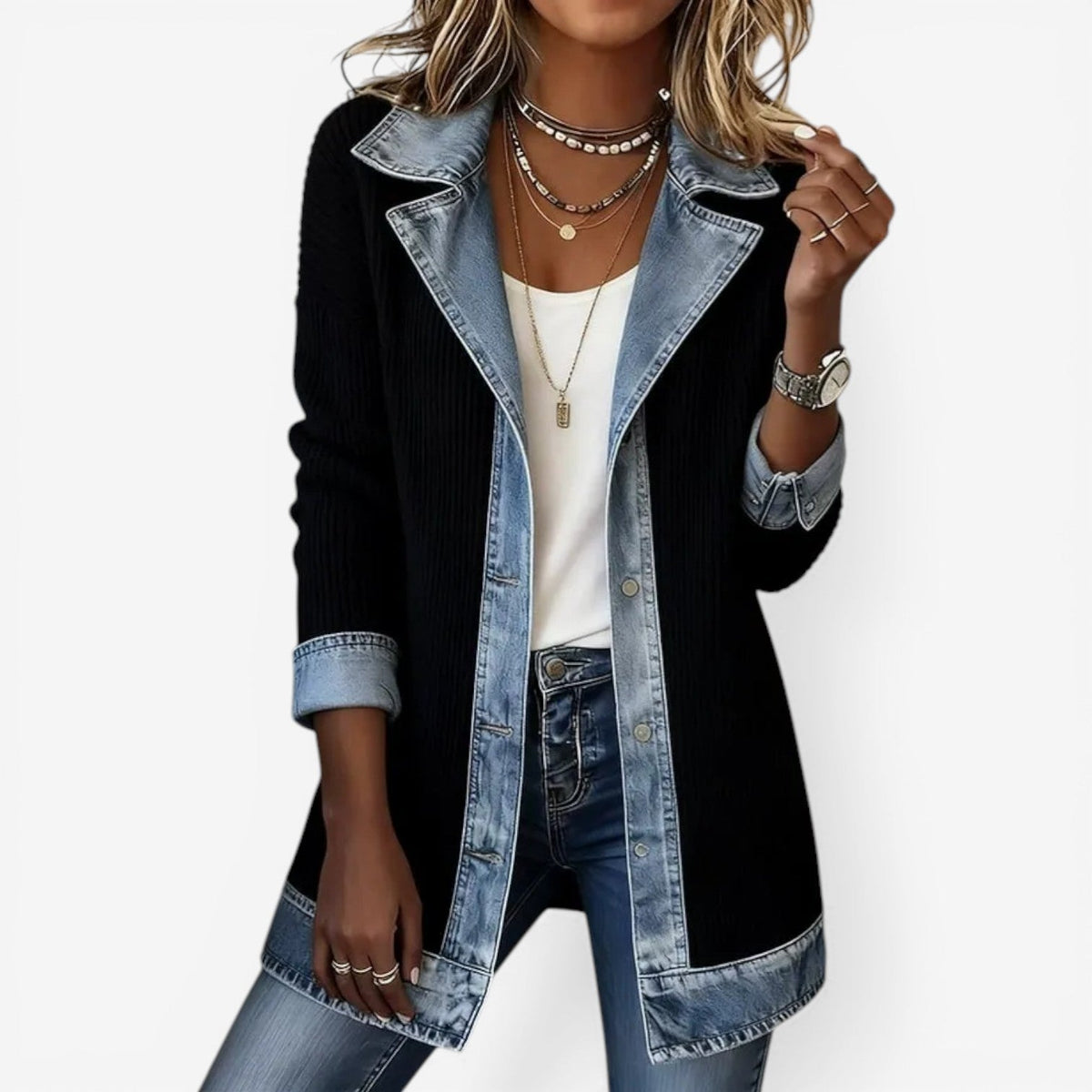 Veste Femme Hybride Denim & Maille – Col Cranté Fermeture Boutonnée | Style Casual Chic