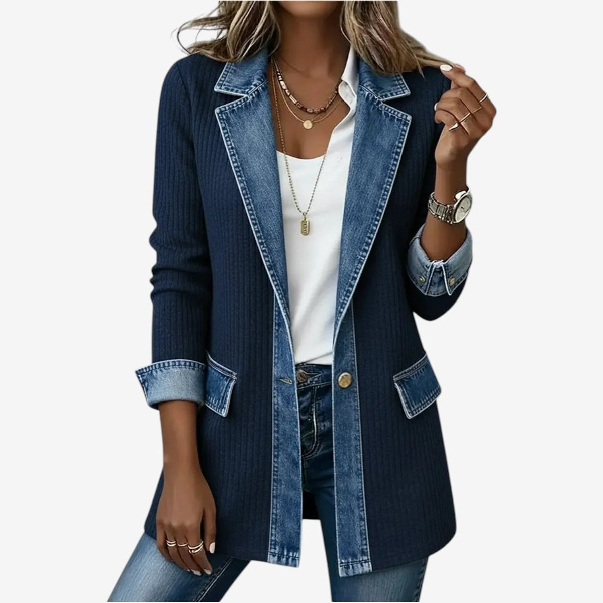 Veste Femme Hybride Denim & Maille – Col Cranté Fermeture Boutonnée | Style Casual Chic