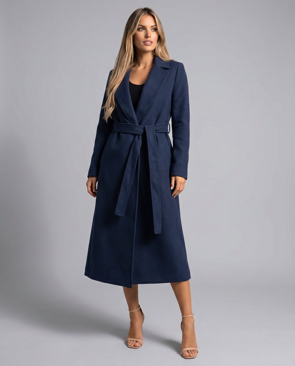 Manteau Femme Long Laine – Col À Revers Cranté Ceinture Assortie | Élégance Intemporelle