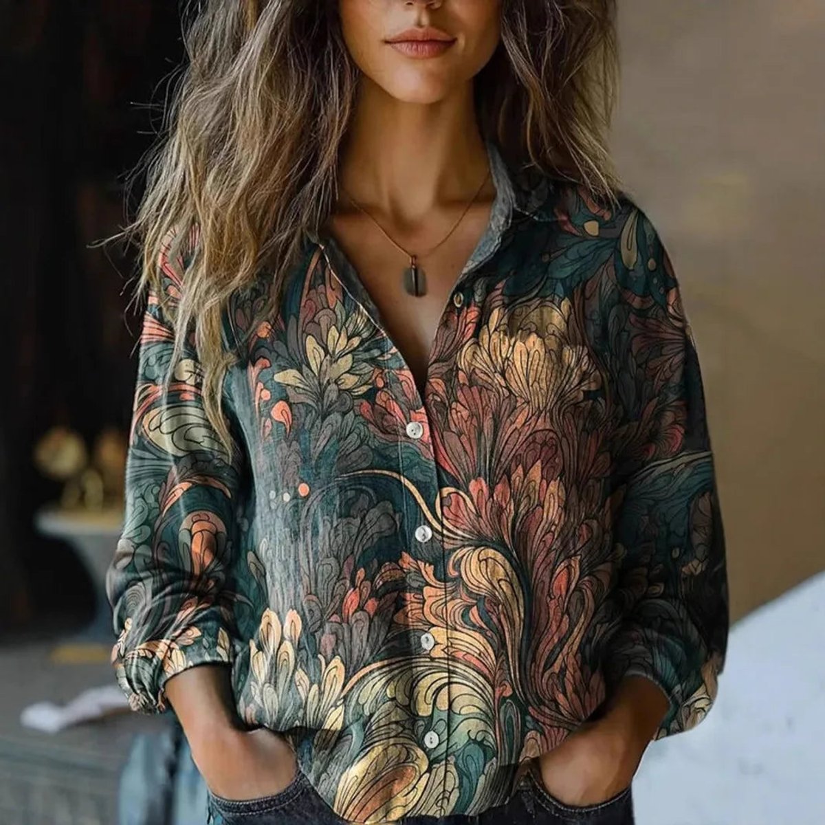 Blouse Femme Bohème Imprimé Floral Paisley – Col Revers Boutonnée | Style Estival Décontracté
