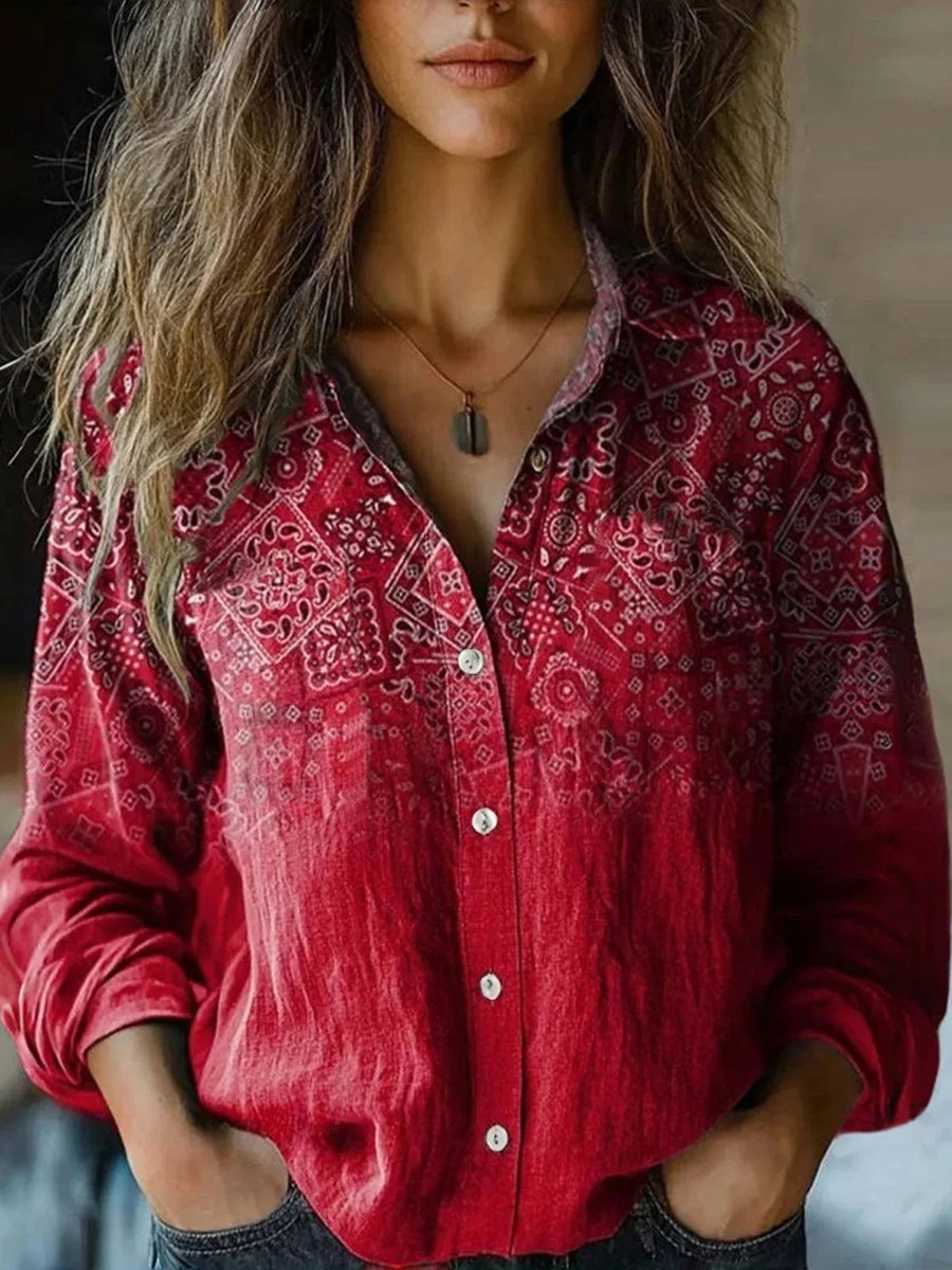 Blouse Femme Bohème Imprimé Floral Paisley – Col Revers Boutonnée | Style Estival Décontracté