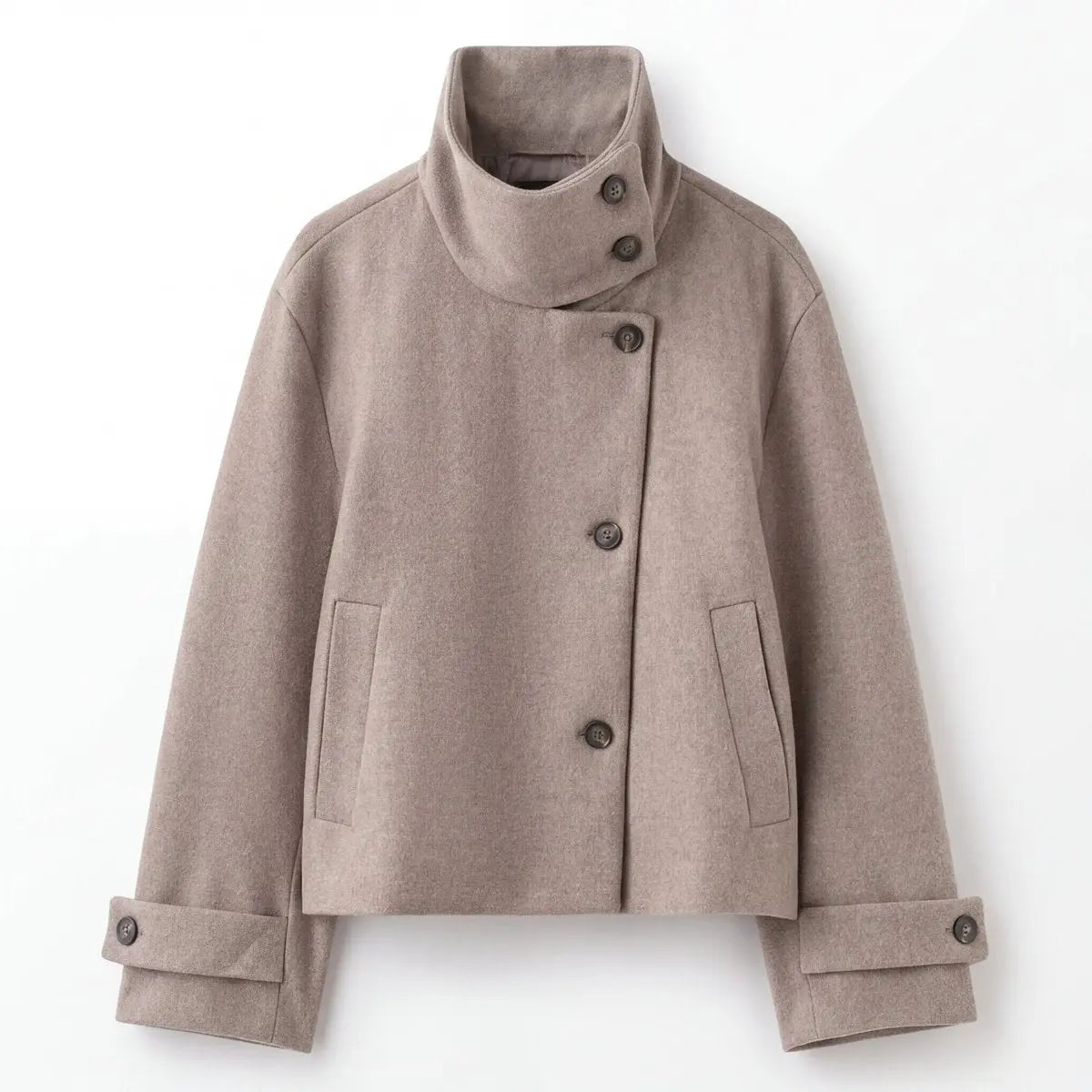 Manteau Femme Laine Col Droit Asymétrique – Coupe Courte Décontractée | Élégance Moderne