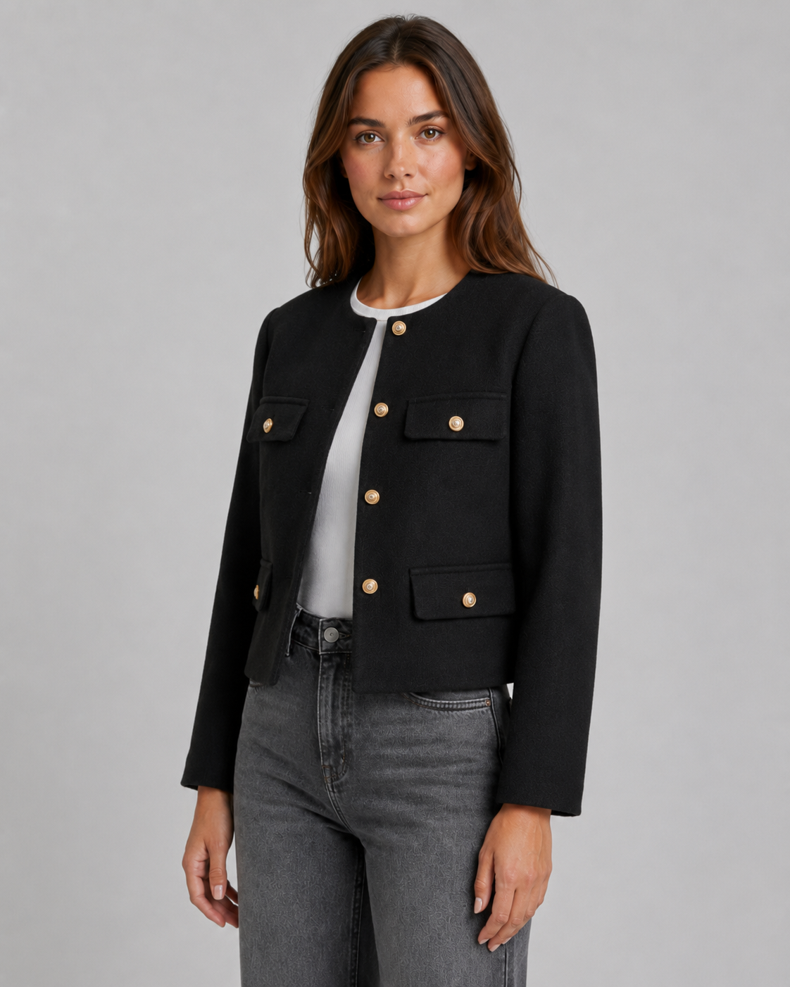 Veste Femme Courte Sans Col – Bouttons Dorés Coupe Boxy | Chic & Intemporel