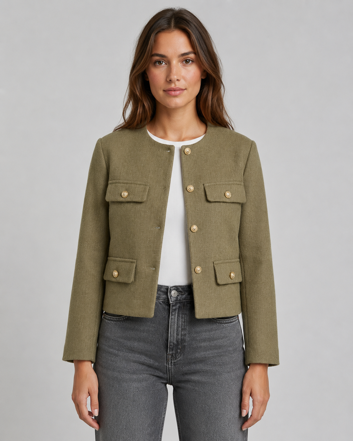Veste Femme Courte Sans Col – Bouttons Dorés Coupe Boxy | Chic & Intemporel