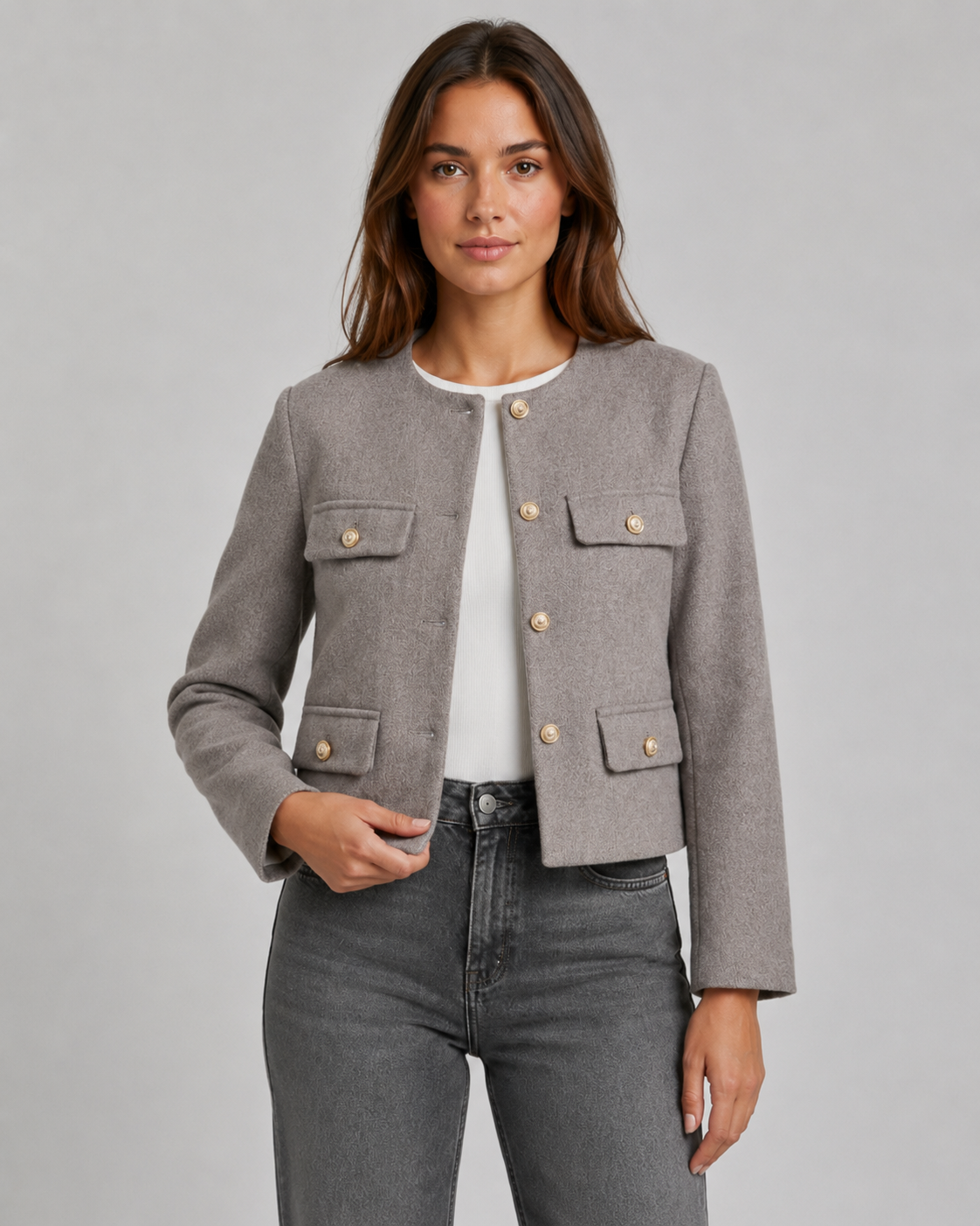 Veste Femme Courte Sans Col – Bouttons Dorés Coupe Boxy | Chic & Intemporel