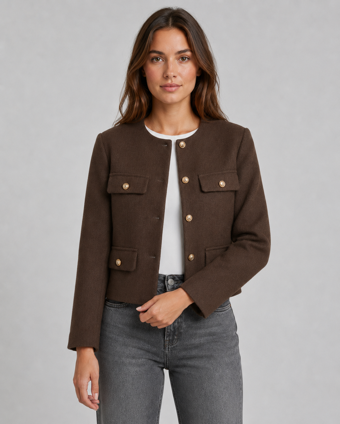 Veste Femme Courte Sans Col – Bouttons Dorés Coupe Boxy | Chic & Intemporel