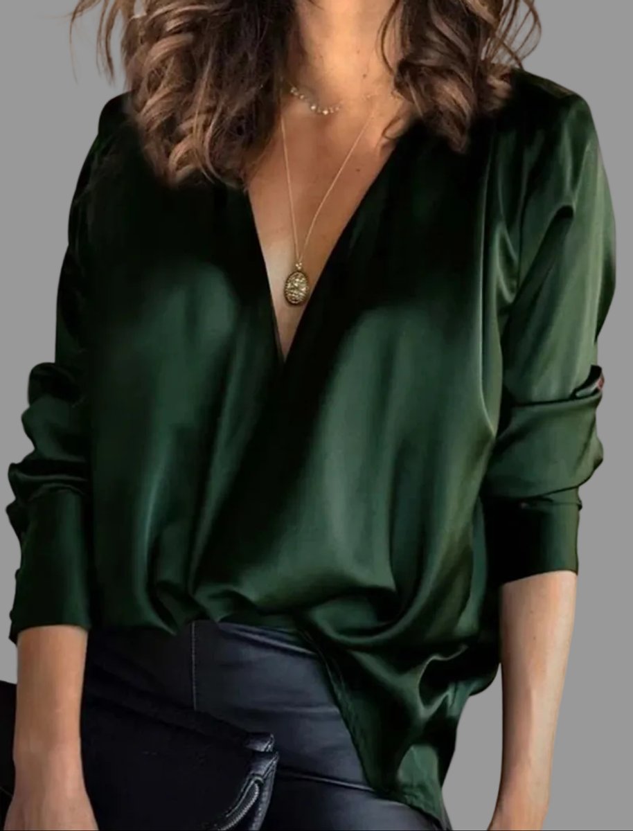 Blouse Femme Satinée Col V Plongeant – Manches Longues Fluide | Élégance Soirée & Occasions