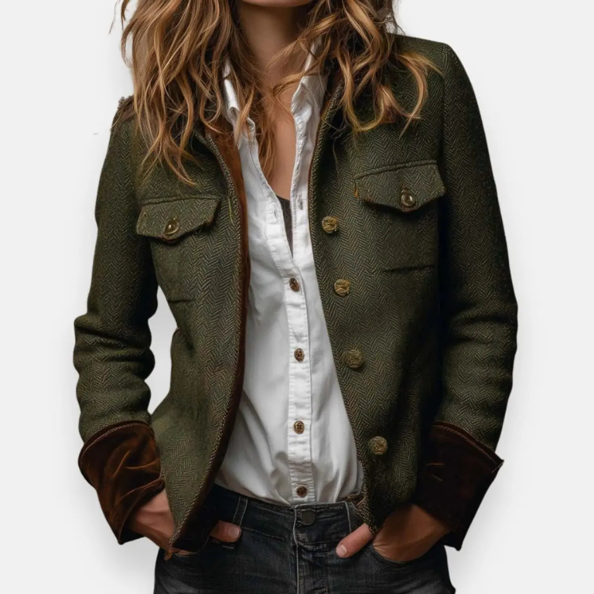 Veste Femme Tweed Herringbone Matelassée – Boutons Dorés Poignets Velours | Chic Intemporel