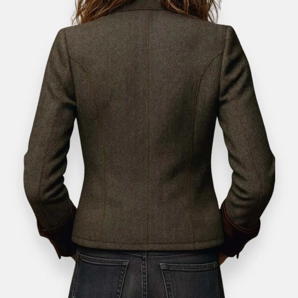 Veste Femme Tweed Herringbone Matelassée – Boutons Dorés Poignets Velours | Chic Intemporel