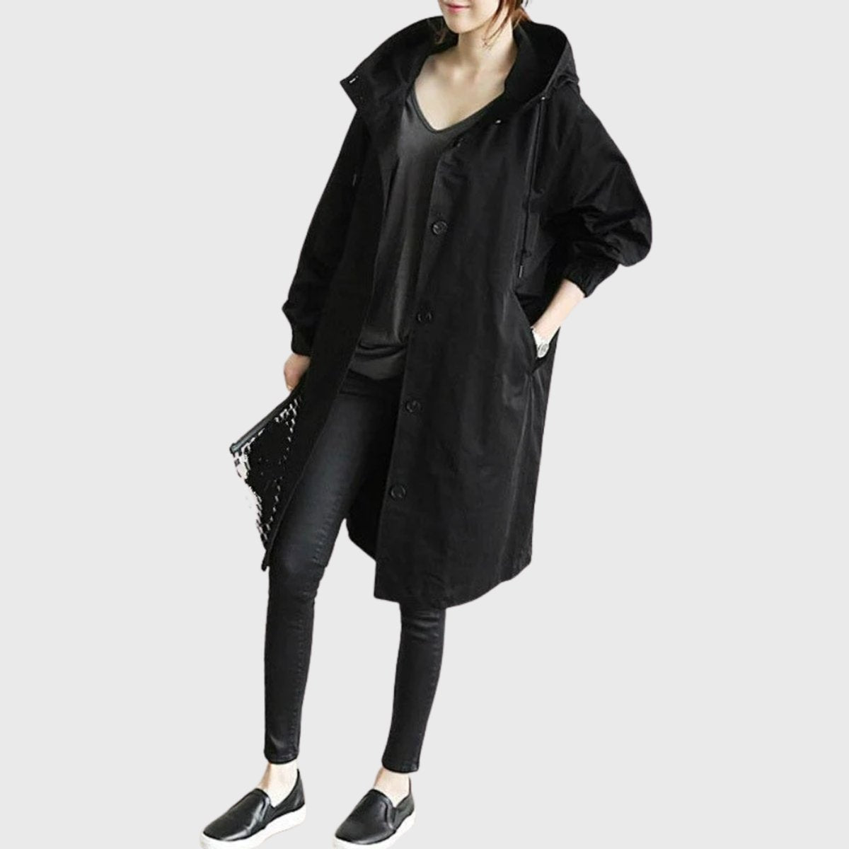Manteau Femme Long Oversize À Capuche – Finition Déperlante Boutons | Style Chic & Confort