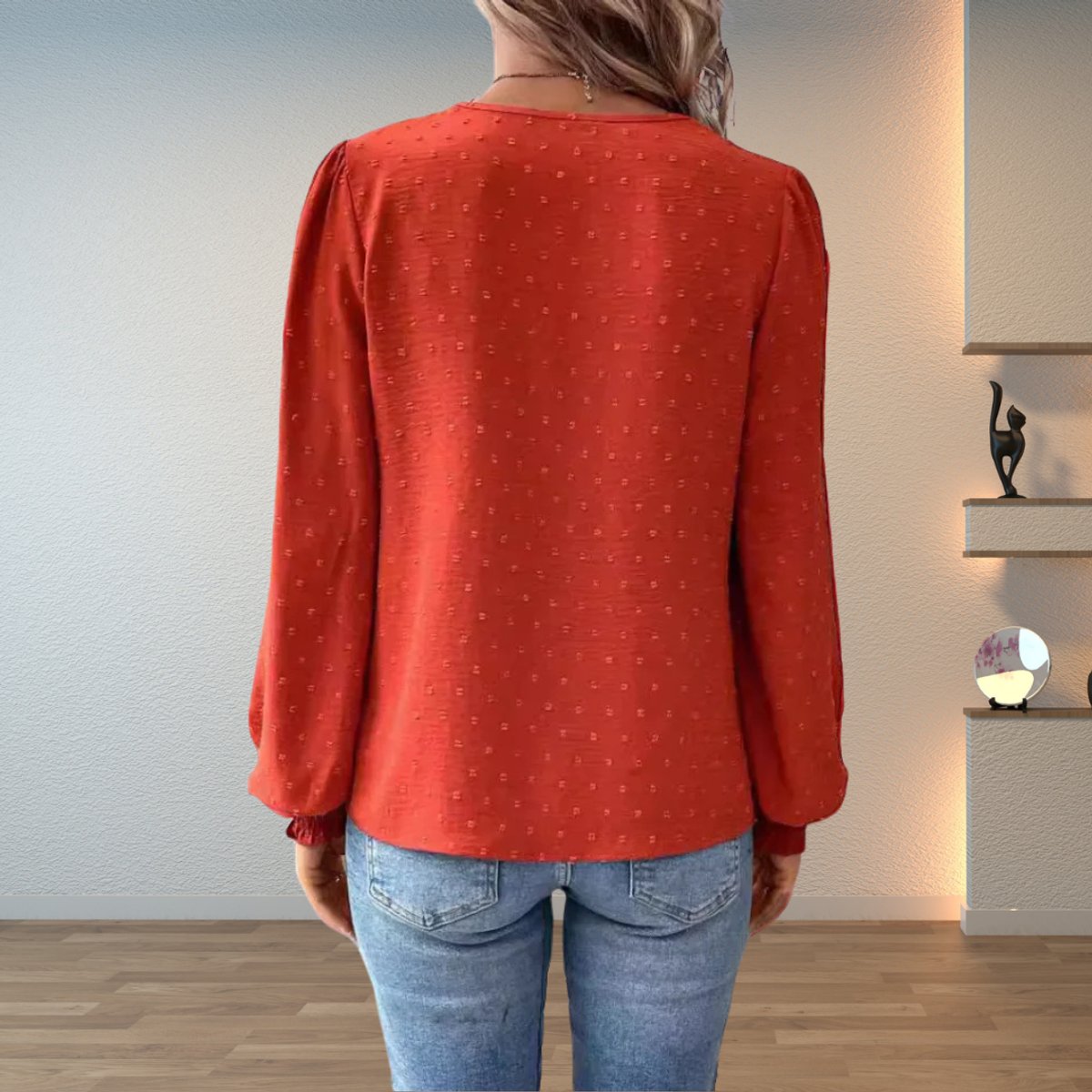 Blouse Femme Col V Dentelle – Manches Longues Poignets Smockés | Style Romantique & Raffiné