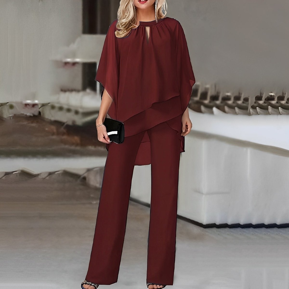 Ensemble Femme Deux Pièces Mousseline – Top Asymétrique & Pantalon Large | Élégance Chic Garanti