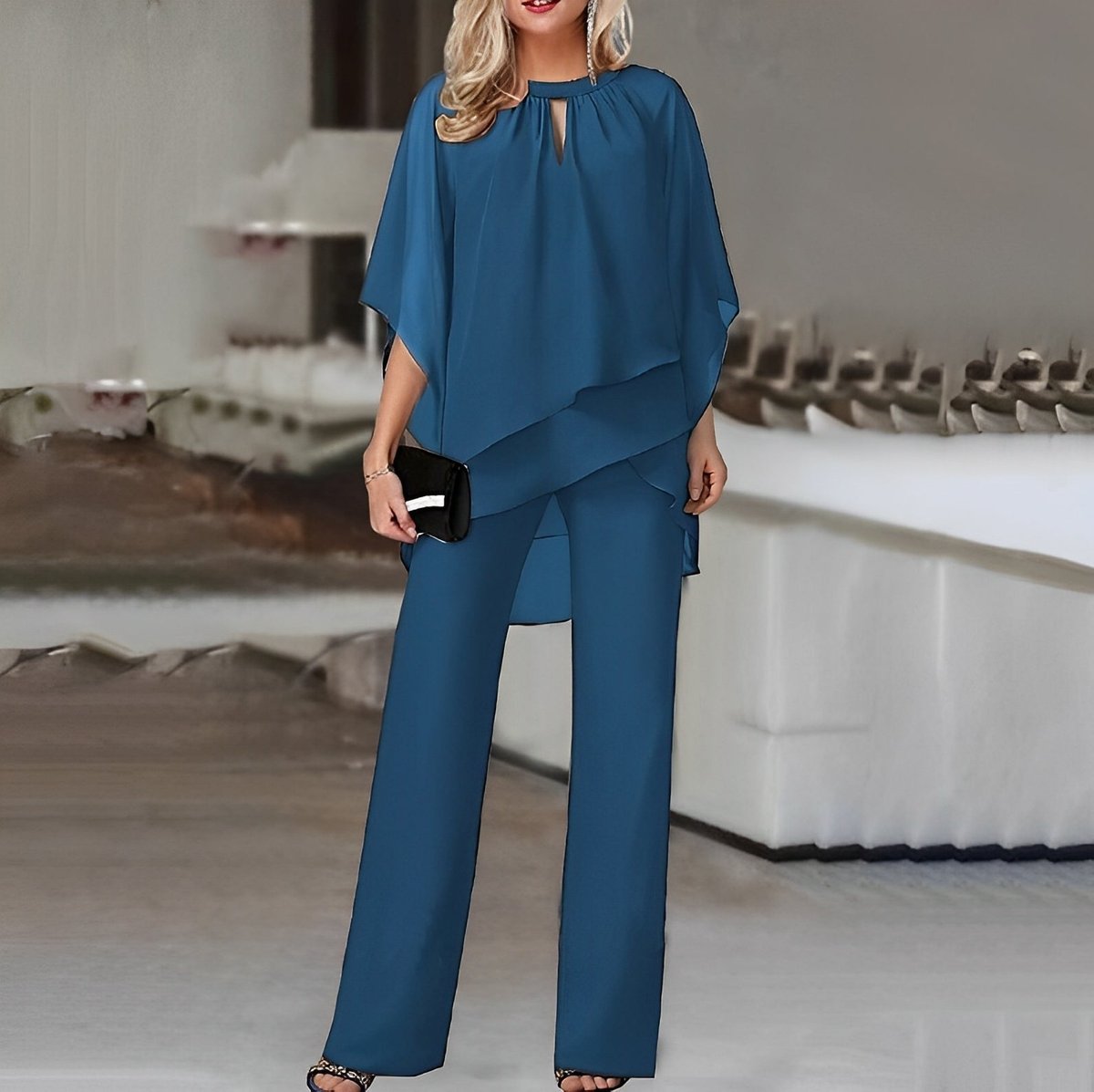 Ensemble Femme Deux Pièces Mousseline – Top Asymétrique & Pantalon Large | Élégance Chic Garanti